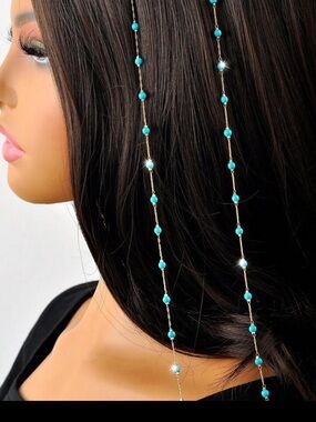 Delicate Gold Beaded Hair Chain with Turquoise Beads